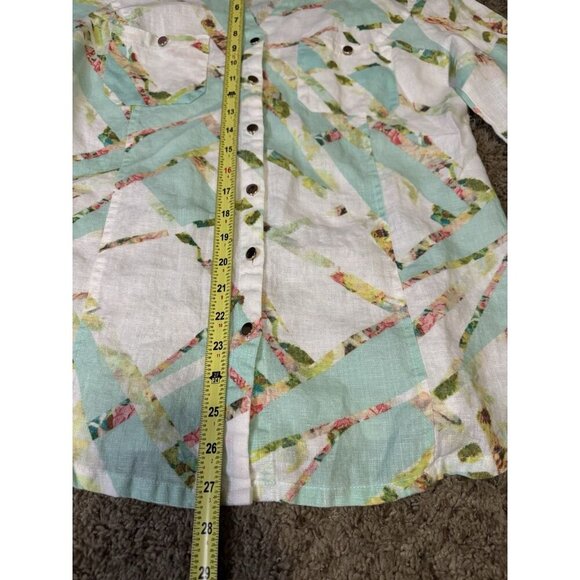 JM Collection 100% Linen Vneck Blouse Top Abstract Print Buttons Roll Tab Sz 10 - Picture 6 of 6